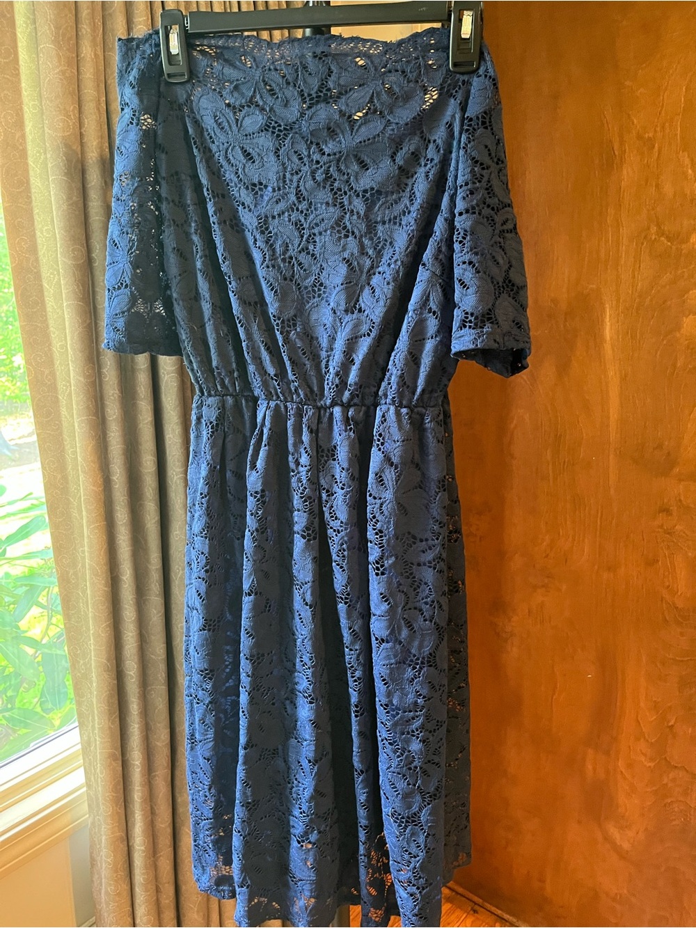 Navy Lace Off-Shoulder Midi Dress